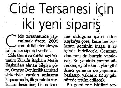 Dunya Gazetesi: Two new orders for Cide Shipyard